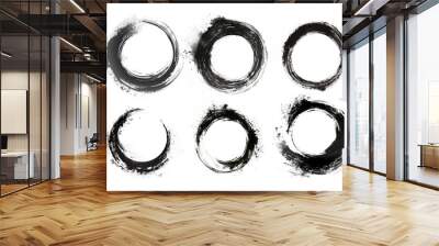 Abstract Ink Circles and Zen Brushwork: Black Circle Textures and Monochrome Circular Brush Designs with Hand-Drawn Doodle Effects for Crayon Brush Templates Wall mural