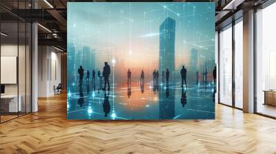 Cityscape with Data Connections and Global Business Networking Structure Wall mural