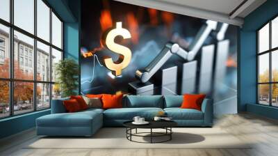 Dollar Sign and Ascending Bar Graphs with Upward Arrow: Visualizing Financial Growth, Stock Market Success, and Achieving Targets Wall mural