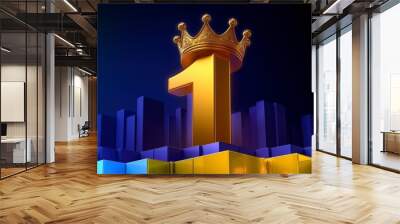 Gold Number 1 with Crown for Champion or Winner, Golden King Crown Award on Success Background Illustrating Victory, Excellence, and Leadership - 3D Rendering Wall mural