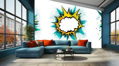 Transparent Background Comic Blank Speech Bubble Set: Cartoon Explosions Isolated on White Background with Vintage Comics Design and Place for Your Text - PNG Wall mural