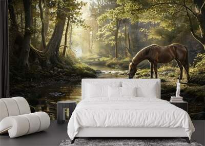 A serene image of a horse drinking from a tranquil stream in a wooded forest. Wall mural