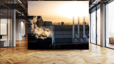 Sheffield city frosty golden sunrise. Aerial view looking over factories with steam from chimneys on a cold winters day in December 2019, South Yorkshire, UK Wall mural