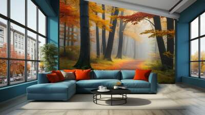 AI generate image of autumn forest in the morning Wall mural