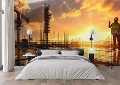 Two construction workers on a rooftop at sunset. Wall mural