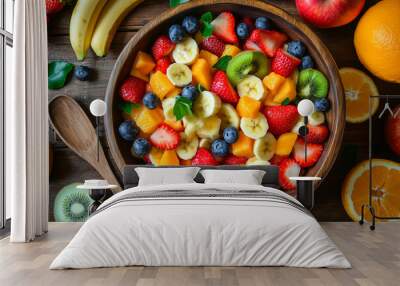 Bowl of fruits salad berry fruits ready to eat on the table. Healthy summer meal, vitamin fruits tasty Wall mural