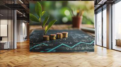 Green Plant Growth on Coins with Financial Graph on Chalkboard Wall mural