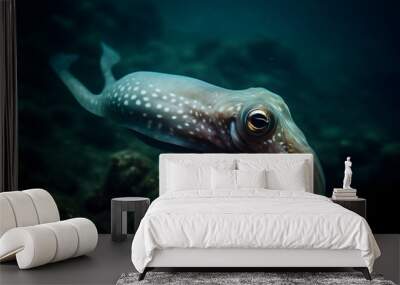 Squid in the sea, underwater. Generative AI Wall mural