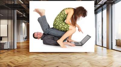 guy and girl with the laptop isolated on a white background Wall mural