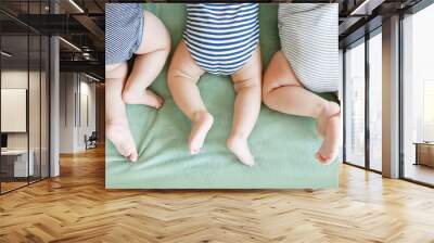 Newborn triplets lie on a stomach on a blanket Wall mural