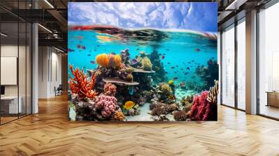 coral reef and fish, coral reef in the red, Bright paints of coral reeves, Underwater world. Coral fishes of Red sea, generative ai Wall mural