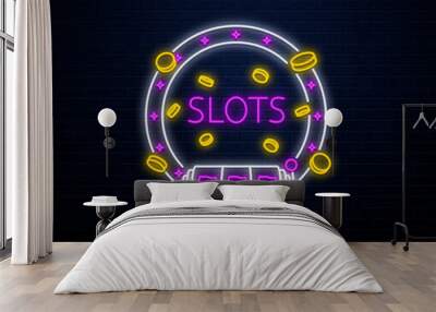 neon online casino sign isolated on brick wall  Wall mural