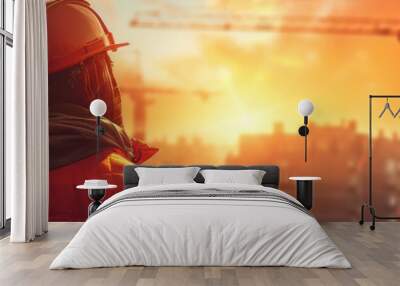 Construction Worker in Hard Hat Looking at Sunset on Construction Site, Construction Safety Equipment, Male Construction Worker, Building Site Safety Wall mural