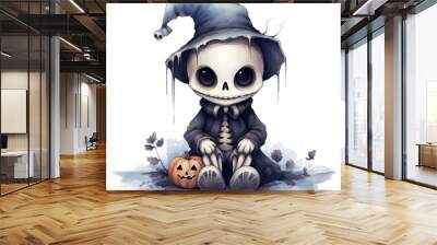 Cute Skeleton Halloween Watercolor Wall mural