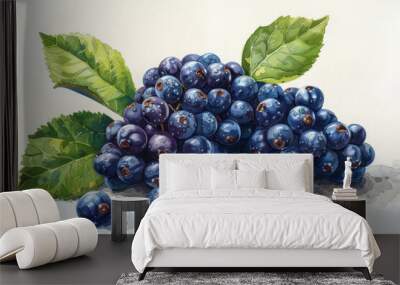 Detailed Watercolor Painting of Fresh Blue Grapes with Lush Green Leaves A Beautiful Representation of Nature s Bounty in a Realistic and Artistic Style Wall mural