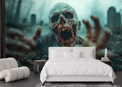 Eerie Gothic Graveyard with Undead Spirits Rising from the Grave, Spooky Halloween Background Image Wall mural