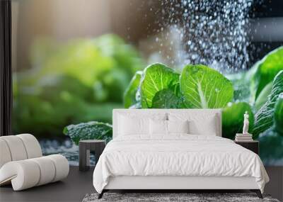 Fresh Organic Leafy Greens with Water Spray Nourishing Natural Ecology for Healthy Dietary Lifestyle and Wellness Wall mural