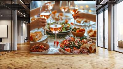 friends enjoying a festive dinner party with wine and multiple dishes, toasting glasses over a table Wall mural