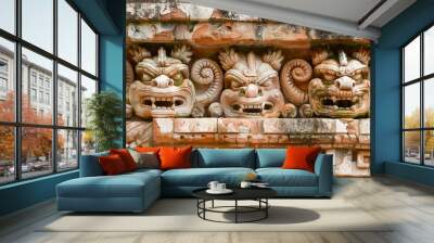 Intricate Ancient Mayan Stone Carvings Depicting Deities or Mythical Creatures on Temple Wall Wall mural