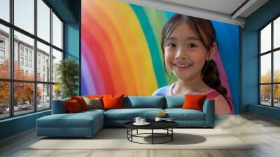 Joyful Young Girl Smiling in Front of Colorful Rainbow Background, Bright and Cheerful Kid Portrait, Child Happiness Concept Wall mural