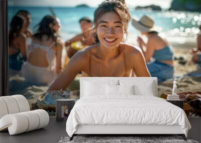 Joyful Young Woman Enjoying a Beach Party Picnic with Friends on a Sunny Day Wall mural