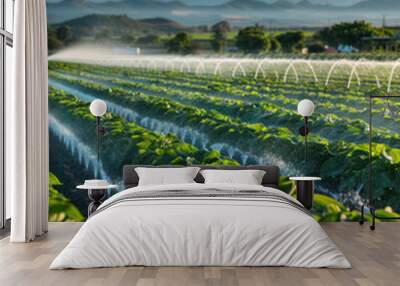 Lush Green Farm Field with Sprinklers Irrigating Crops at Sunrise with Majestic Mountain Range in the Background and Clear Blue Sky Wall mural