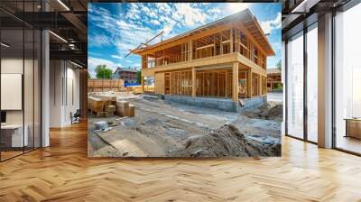 New Residential Construction Site with Wooden Framework for House Building Against Blue Sky Wall mural