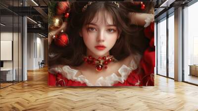 Stunning Young Woman in Festive Ornament Inspired Outfit, Christmas Fashion, Holiday Style, Elegant Red Dress, Winter Wonderland, Christmas Decorations Wall mural