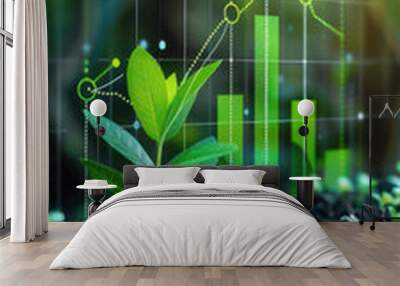 Sustainability Growth Green Plant Sprouting in Soil with Data Visualization of Economic Growth Metrics, Representing Eco Friendly Development, Business Analytics, and Environmental Progress Wall mural