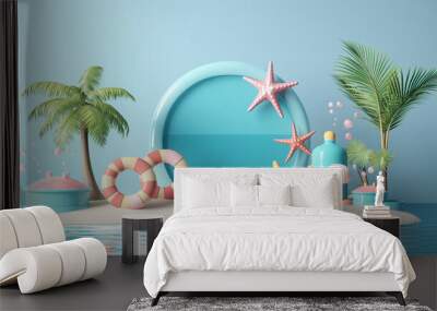 3d refreshing summer sale template. Composition of blue glass board with cute beach object and swimming pool. Concept of island vacation. Wall mural