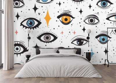 Abstract Celestial Eyes with Cosmic Symbols and Geometric Shapes Wall mural