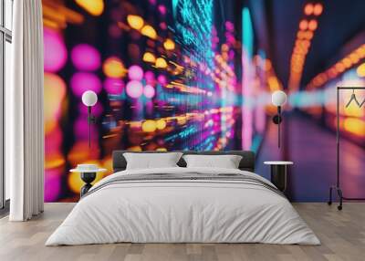 Abstract futuristic digital technology background with dynamic neon lights blurred motion waves and data network visualization  Glowing luminous and vibrant digital art with a sense of speed energy Wall mural