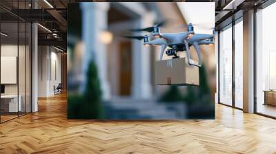 Aerial view of a drone capturing photography of a modern residential house and green garden in an urban city landscape Wall mural