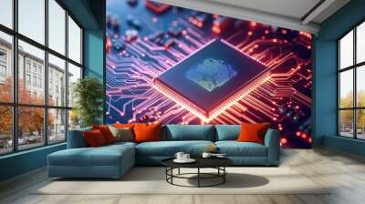 Closeup of a glowing futuristic microchip processor on an illuminated electronic circuit board with digital data connections and patterns  Conceptual image representing technology innovation Wall mural