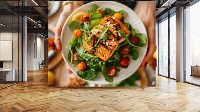 Delicious and Nutritious Salmon Salad on Wooden Table with Fresh Vegetables and Vibrant Colors for a Healthy Lifestyle description This image Wall mural