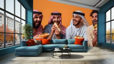 Diverse Group of Middle Eastern Men Enjoying Traditional Food and Laughter Together Wall mural