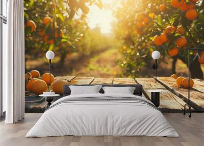 Empty wood table with free space over orange trees, orange field background. For product display montage Wall mural