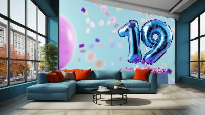 Festive blue balloons and colorful confetti for a 19th birthday or anniversary Cheerful and bright background with shiny happy elements to mark a special milestone occasion Wall mural