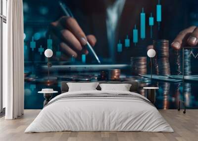 Financial Analytics and Market Investment Concepts with Coin Stacks and Data Graphs Wall mural