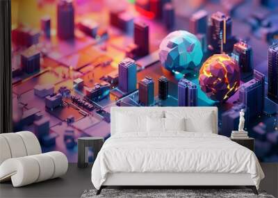 Futuristic digital cityscape with skyscrapers neon lights and interconnected infrastructure Wall mural