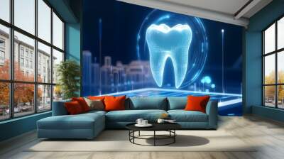 Futuristic Digital Tooth Concept with Holographic Halo Floating Over Tablet Wall mural