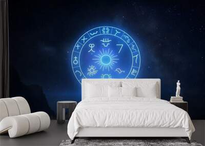 Glowing Cosmic Zodiac Symbol Over Mountainous Landscape Wall mural