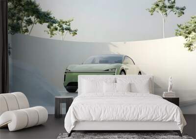 Green electric vehicle in clean white setting championing eco friendly transportation and Paris Accord commitment Wall mural