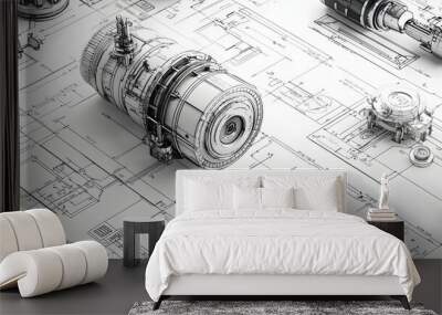 Intricate Mechanical Schematic Blueprint of Industrial Engineering Design Wall mural