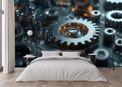 Intricate Metallic Gears and Cogs in Mechanical System Wall mural