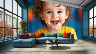 Joyful Child Celebrating with Cupcake and Colorful Balloons Wall mural