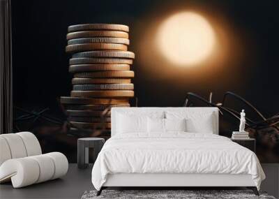 Stacked coins on the ground with a glowing light in the background representing the concept of financial wealth investment growth and successful money management strategies Wall mural