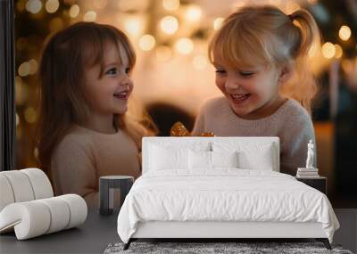 Two young sisters joyfully celebrating the Christmas holiday together opening a present box surrounded by twinkling lights and a festive cozy atmosphere  The girls are smiling and laughing Wall mural