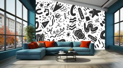 Vibrant Monochrome Abstract Shapes and Doodles Playful Design Composition Wall mural