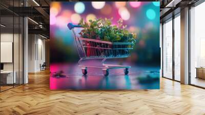 Vibrant Shopping Cart Filled with Lush Greenery and Floral Blooms Against Blurry Backdrop with Neon Lights Wall mural